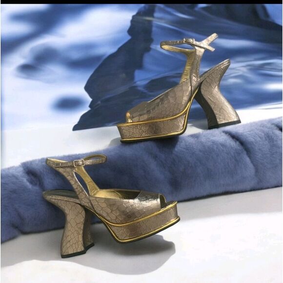 Dries Van Noten Heels Louis IV Modern Snake Print Platform Pewter Silver EU 39 - Picture 15 of 15